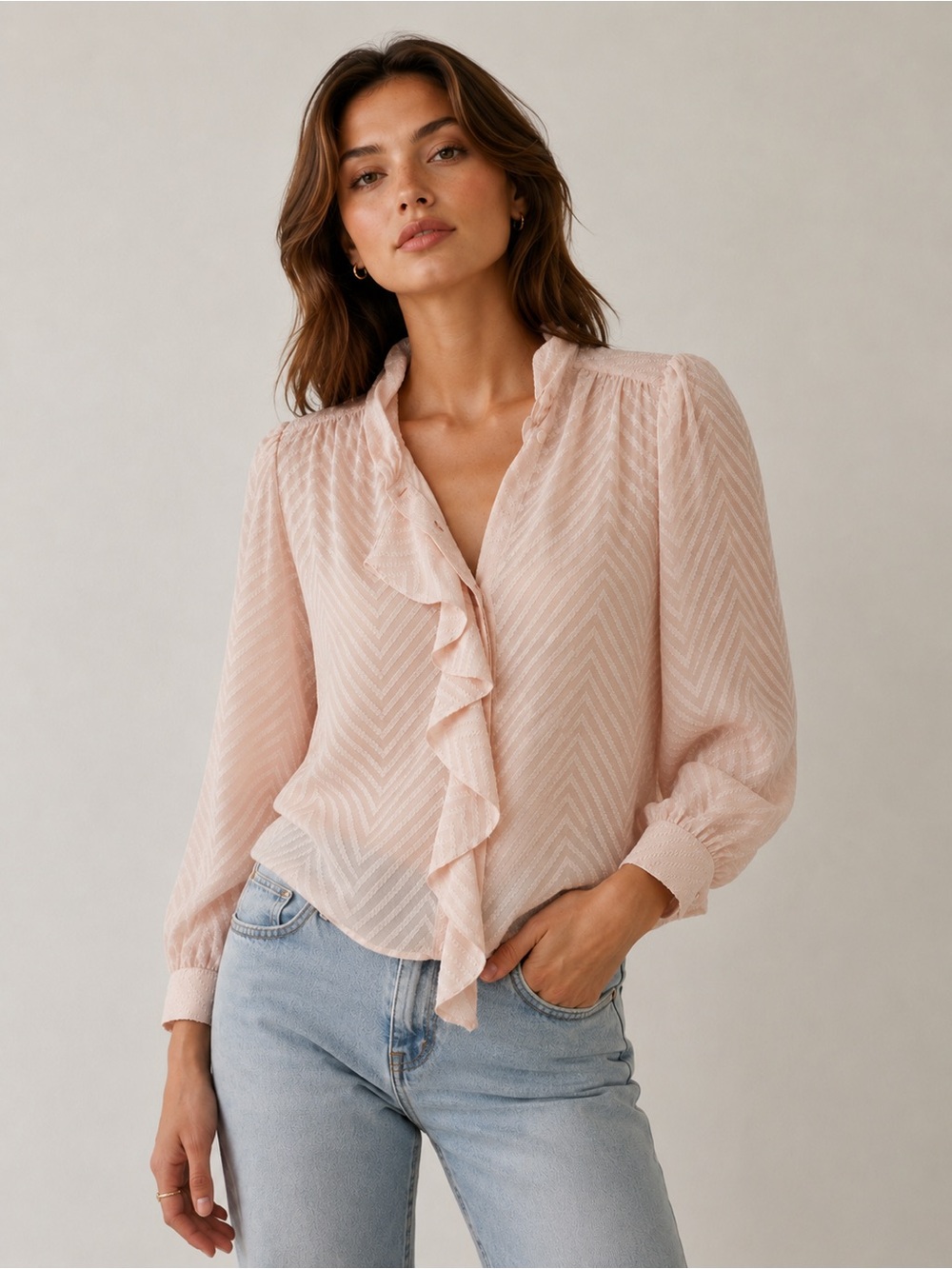Reiss Kumi Sheer Chevron Ruffle Blouse